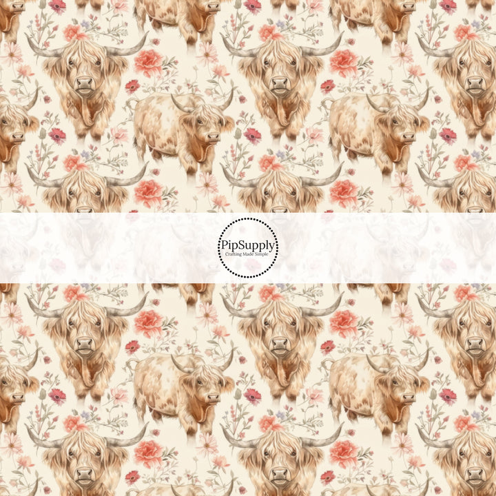 These western no sew bow strips can be easily tied and attached to a clip for a finished hair bow. These bow strips are great for personal use or to sell. These bow strips feature the following design elements: highland cows and flowers.