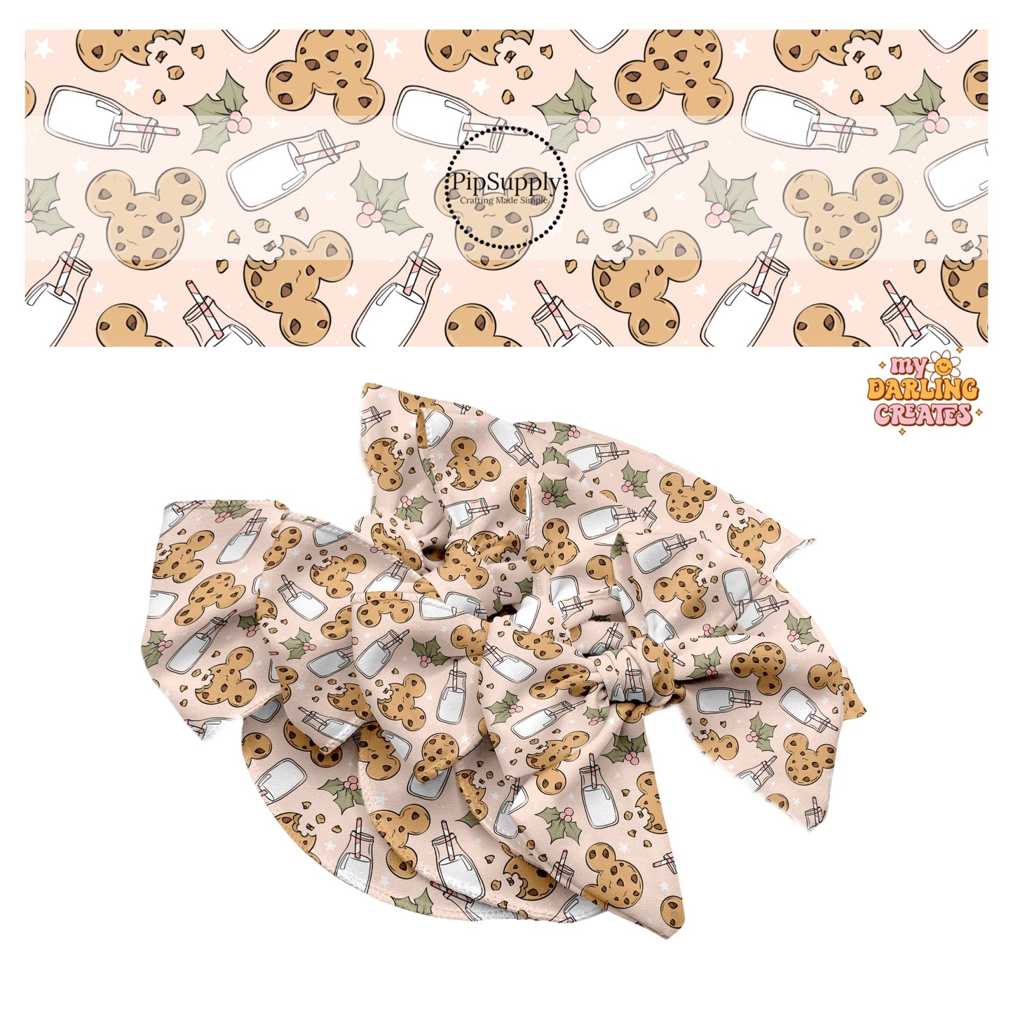 Mouse ear cookies with milk and holly on pink hair bow strips