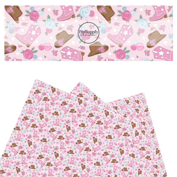 These western pink floral pattern themed faux leather sheets contain the following design elements: cowgirl boots and hats surrounded by pink and light blue flowers. Our CPSIA compliant faux leather sheets or rolls can be used for all types of crafting projects.