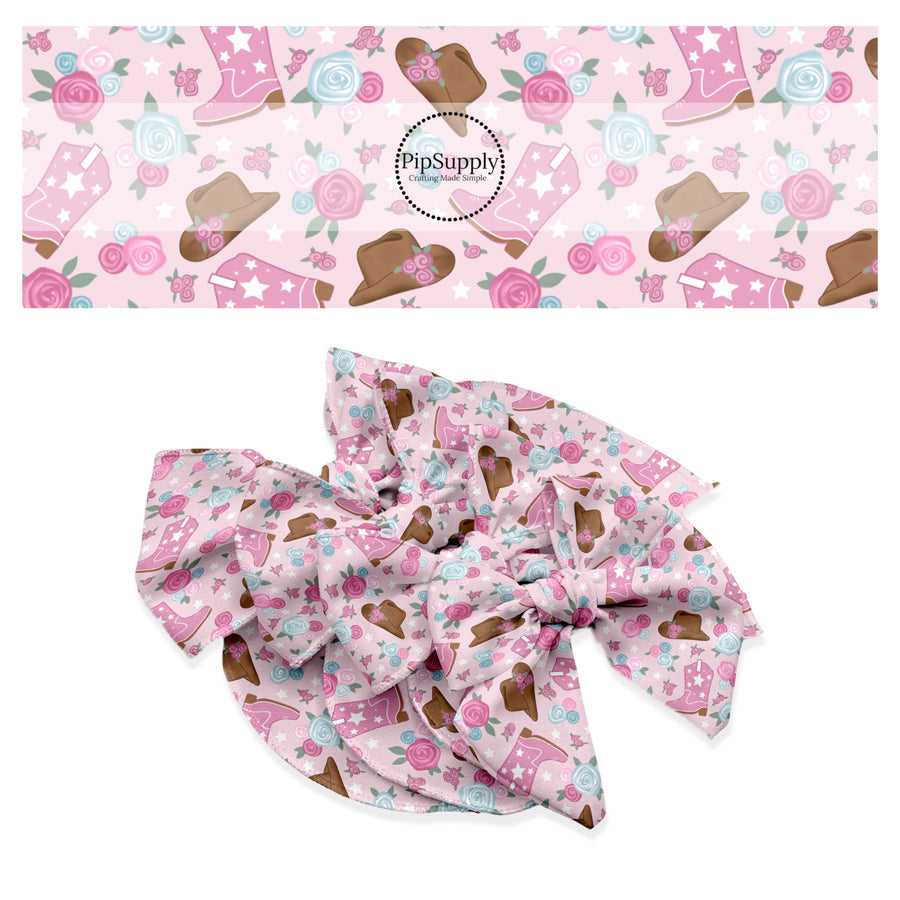 These western pink floral pattern no sew bow strips can be easily tied and attached to a clip for a finished hair bow. These bow strips are great for personal use or to sell. The bow strips features cowgirl boots and hats surrounded by pink and light blue flowers.