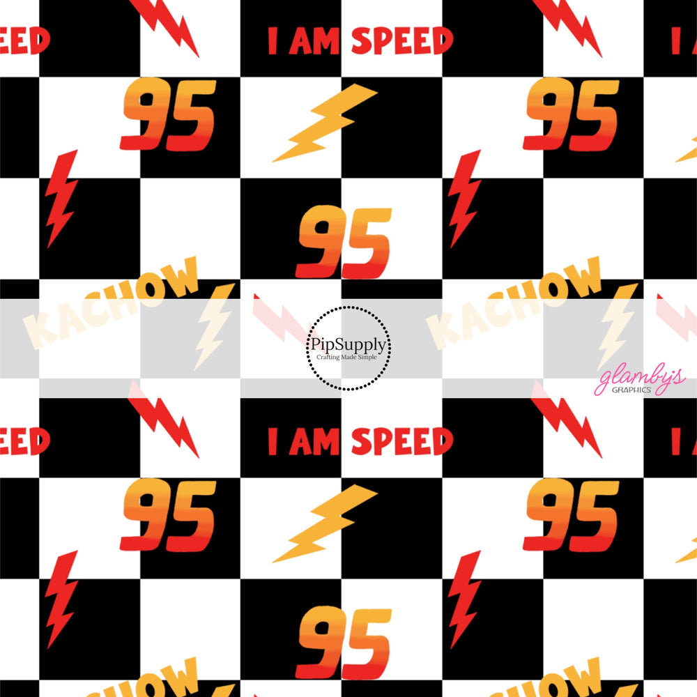 These car inspired movie themed no sew bow strips can be easily tied and attached to a clip for a finished hair bow. These fun themed patterned bow strips are great for personal use or to sell. These bow strips feature the following design: "I Am Speed," "Kachow," "95," and lighting bolts on black and white checkered pattern.