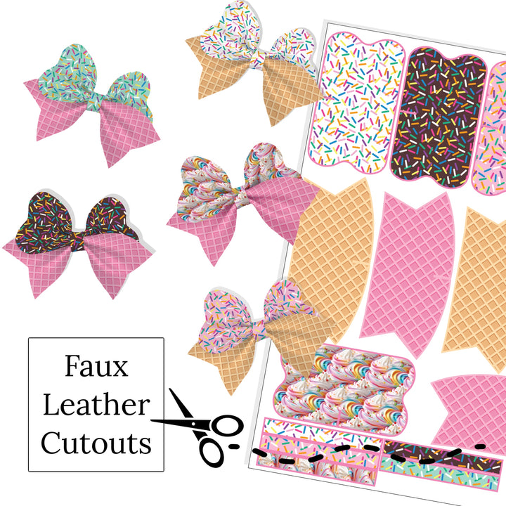 These ice cream themed layered faux leather bows are ready to cut and assemble for many craft projects. These patterned cutouts can be used to make a hair bow, headband, banner, photo props, scrapbook, party or classroom decorations, bulletin board trim or anything creative!
