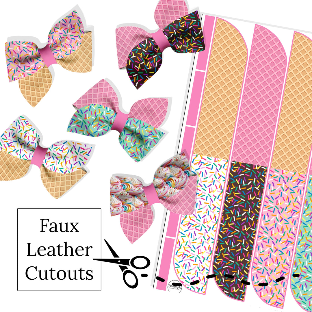 These ice cream themed faux leather bow cutout sheets are ready to cut and assemble for many craft projects. These prints can be used to make a hair bow. The sheets are printed on our CPSIA compliant faux leather sheets and will arrive to you uncut and will need to assembled and embellished depending on your craft project. Any additional items (clips) shown are sold separately.