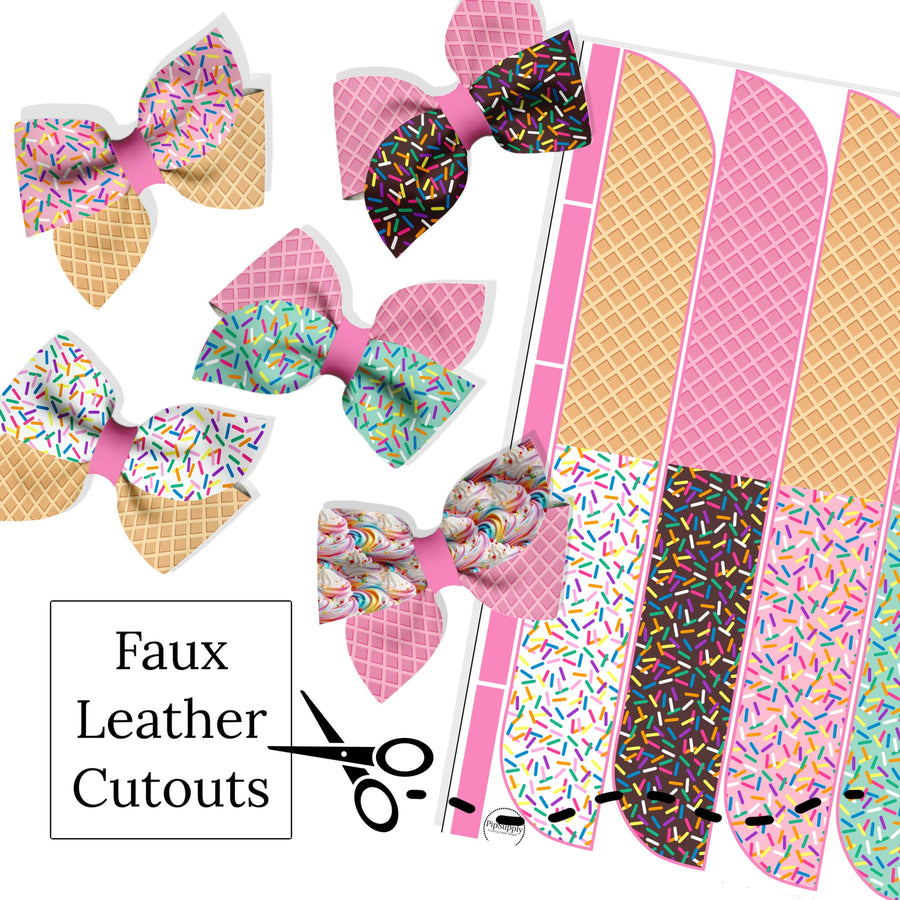 These ice cream themed faux leather bow cutout sheets are ready to cut and assemble for many craft projects. These prints can be used to make a hair bow. The sheets are printed on our CPSIA compliant faux leather sheets and will arrive to you uncut and will need to assembled and embellished depending on your craft project. Any additional items (clips) shown are sold separately.