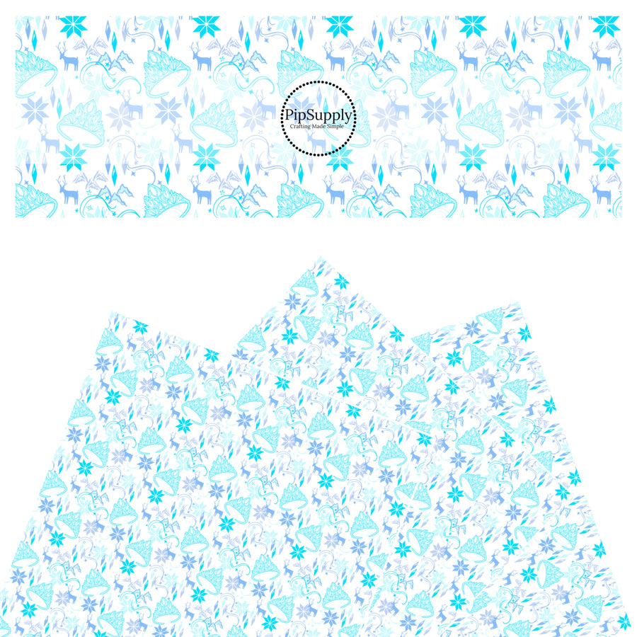 These magical princess themed faux leather sheets contain the following design elements: tiaras, snowflakes, and reindeers. Our CPSIA compliant faux leather sheets or rolls can be used for all types of crafting projects.