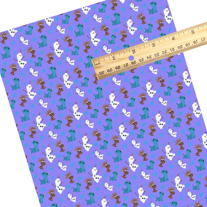 This winter movie themed inspired faux leather sheets contain the following design: snowman, reindeer and salamander friends surrounded by snowflakes on purple. Our CPSIA compliant faux leather sheets or rolls can be used for all types of crafting projects.