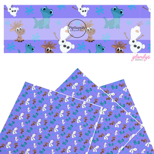 This winter movie themed inspired faux leather sheets contain the following design: snowman, reindeer and salamander friends surrounded by snowflakes on purple. Our CPSIA compliant faux leather sheets or rolls can be used for all types of crafting projects.