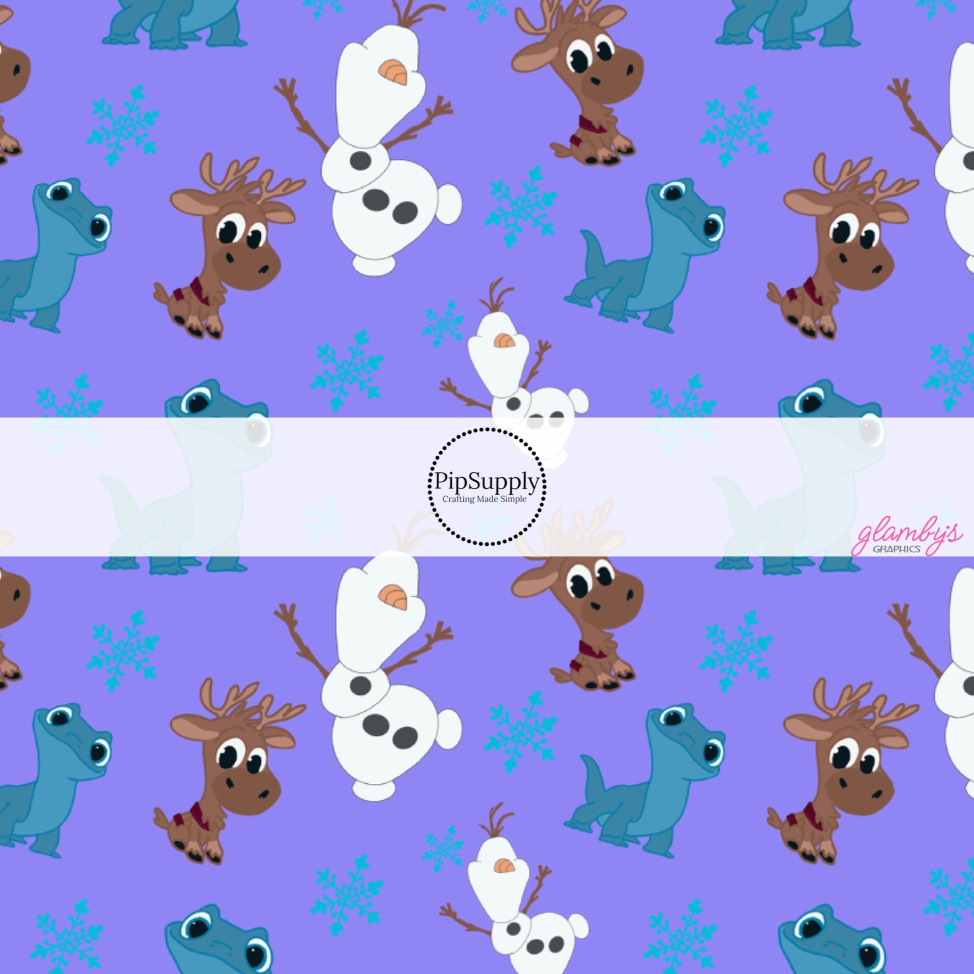 These winter movie themed inspired themed no sew bow strips can be easily tied and attached to a clip for a finished hair bow. These fun themed patterned bow strips are great for personal use or to sell. These bow strips feature the following snowman, reindeers, and salamander friends surrounded by snowflakes on purple.