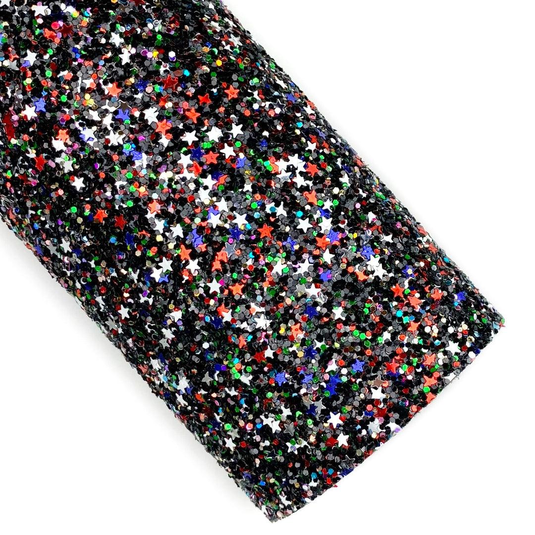 Multi Black Star Chunky Glitter Faux Leather Sheets
