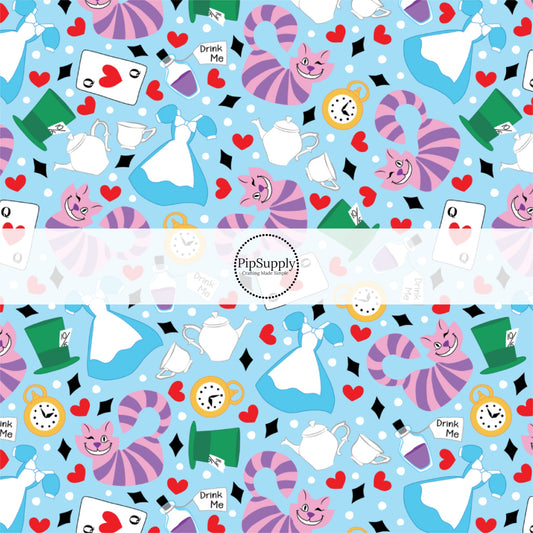 This magical childhood adventure inspired fabric by the yard features the following design: purple cat, playing cards, and tea on blue. This fun themed fabric can be used for all your sewing and crafting needs!