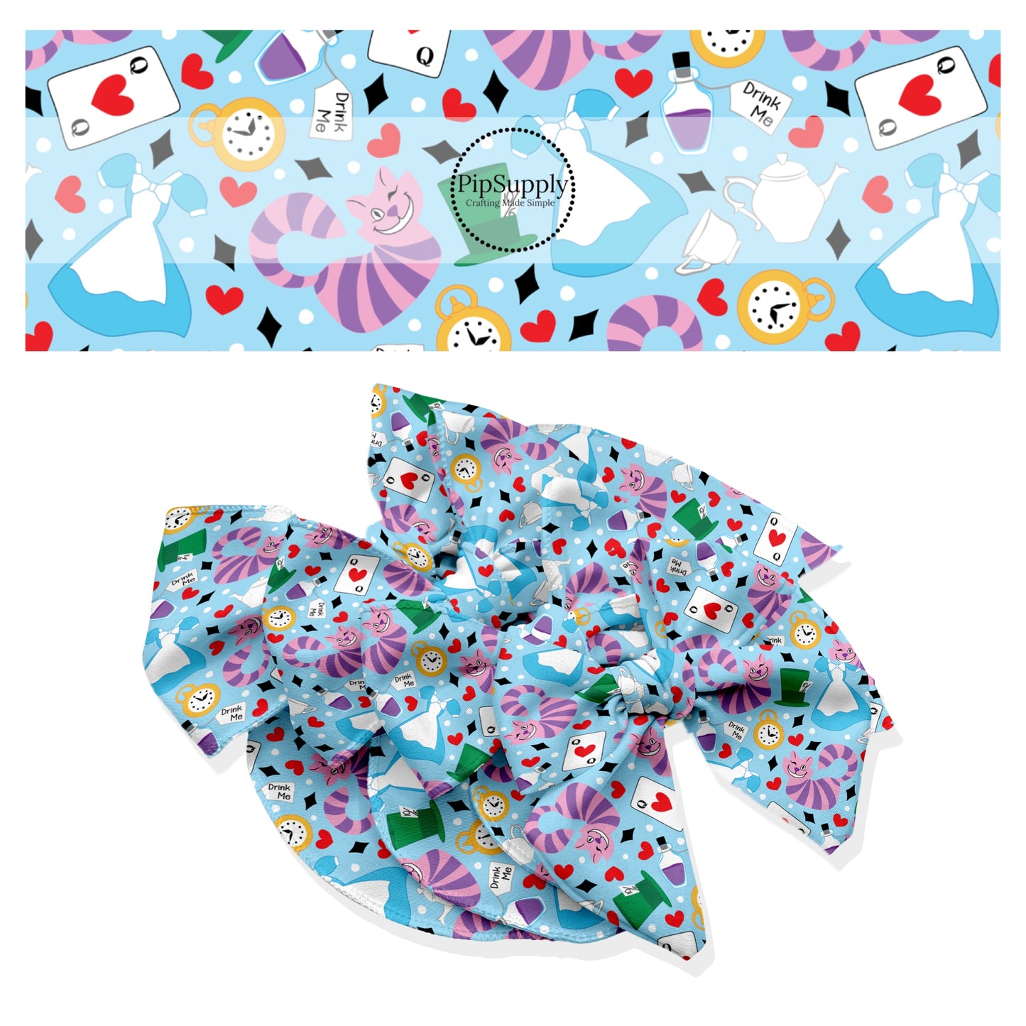 These magical childhood adventure inspired themed no sew bow strips can be easily tied and attached to a clip for a finished hair bow. These fun themed patterned bow strips are great for personal use or to sell. These bow strips feature the following purple cat, playing cards, and tea on blue.