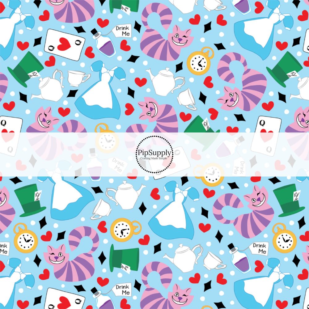 These magical childhood adventure inspired themed no sew bow strips can be easily tied and attached to a clip for a finished hair bow. These fun themed patterned bow strips are great for personal use or to sell. These bow strips feature the following purple cat, playing cards, and tea on blue.