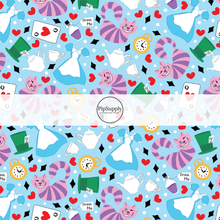 These magical childhood adventure inspired themed no sew bow strips can be easily tied and attached to a clip for a finished hair bow. These fun themed patterned bow strips are great for personal use or to sell. These bow strips feature the following purple cat, playing cards, and tea on blue.