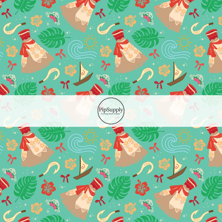 These magical princess themed fabric by the yard features dresses, tropical flowers, and Maui's hook. This fun pattern fabric can be used for all your sewing and crafting needs!
