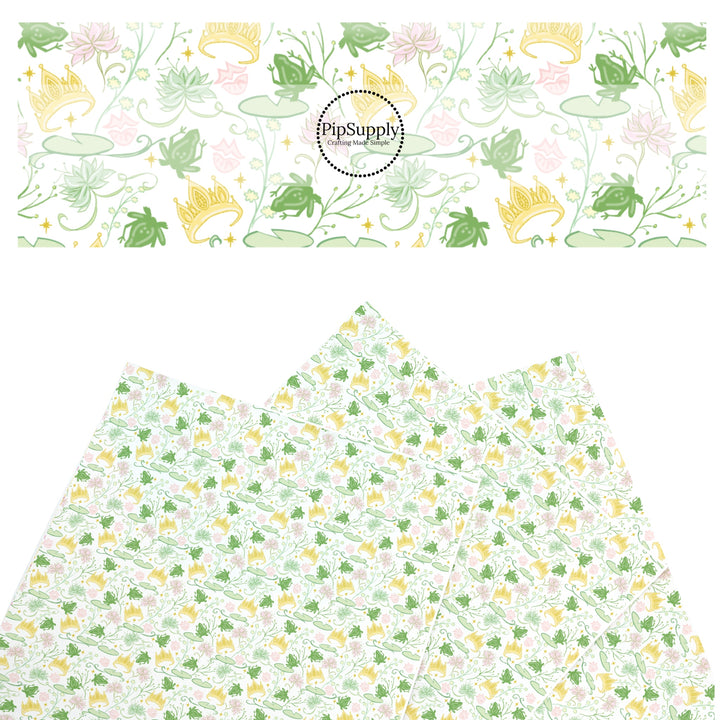 These magical princess themed faux leather sheets contain the following design elements: crowns, frogs, and water lily pads. Our CPSIA compliant faux leather sheets or rolls can be used for all types of crafting projects.