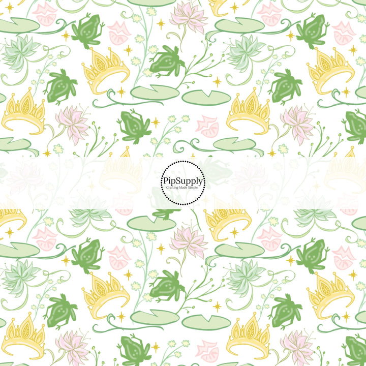 These magical princess themed no sew bow strips can be easily tied and attached to a clip for a finished hair bow. These bow strips are great for personal use or to sell. These bow strips feature the following design elements: crowns, frogs, and water lily pads.