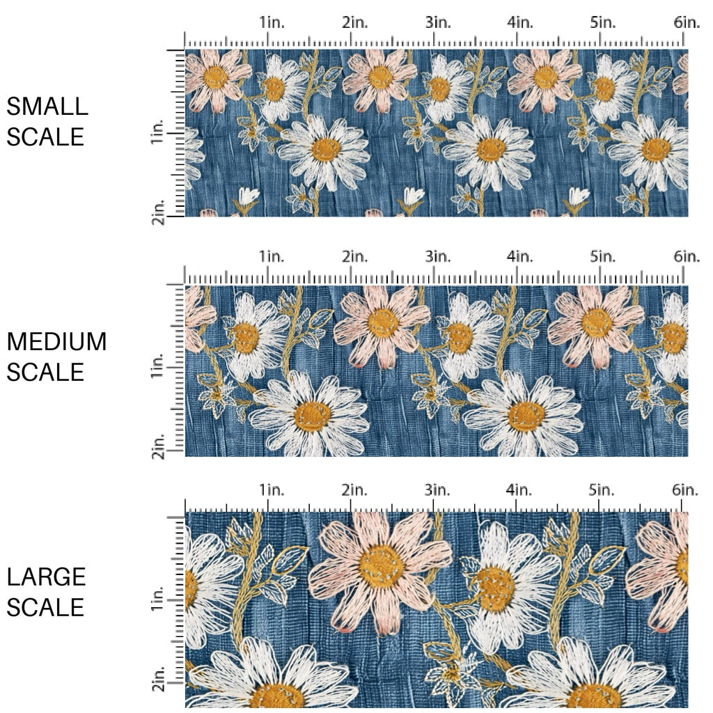These spring fabric by the yard features embroidered daisies on denim pattern. This fun pattern fabric can be used for all your sewing and crafting needs!