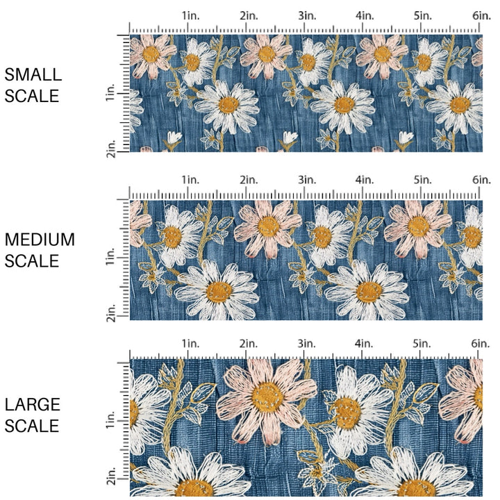 These spring fabric by the yard features embroidered daisies on denim pattern. This fun pattern fabric can be used for all your sewing and crafting needs!