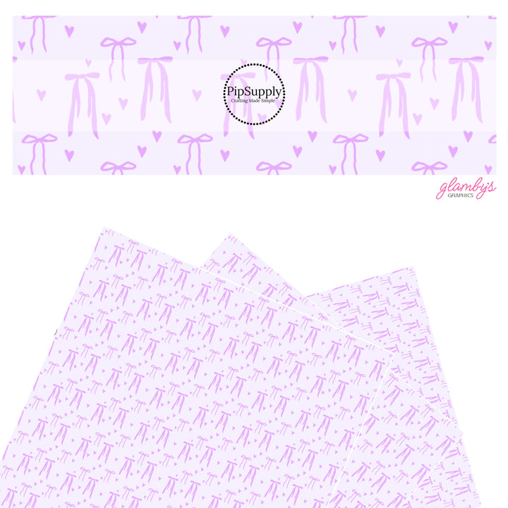 These Valentine's pattern themed faux leather sheets contain the following design elements: purple hearts and bows on light purple. Our CPSIA compliant faux leather sheets or rolls can be used for all types of crafting projects.