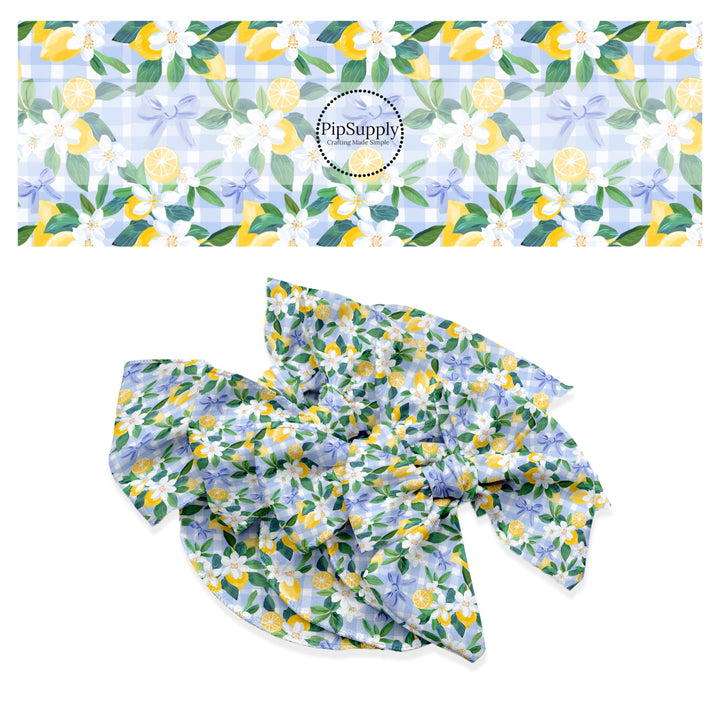 These fruit themed no sew bow strips can be easily tied and attached to a clip for a finished hair bow. These festive bow strips are great for personal use or to sell. These bow strips feature the following design elements: lemons on a blue and white gingham pattern.