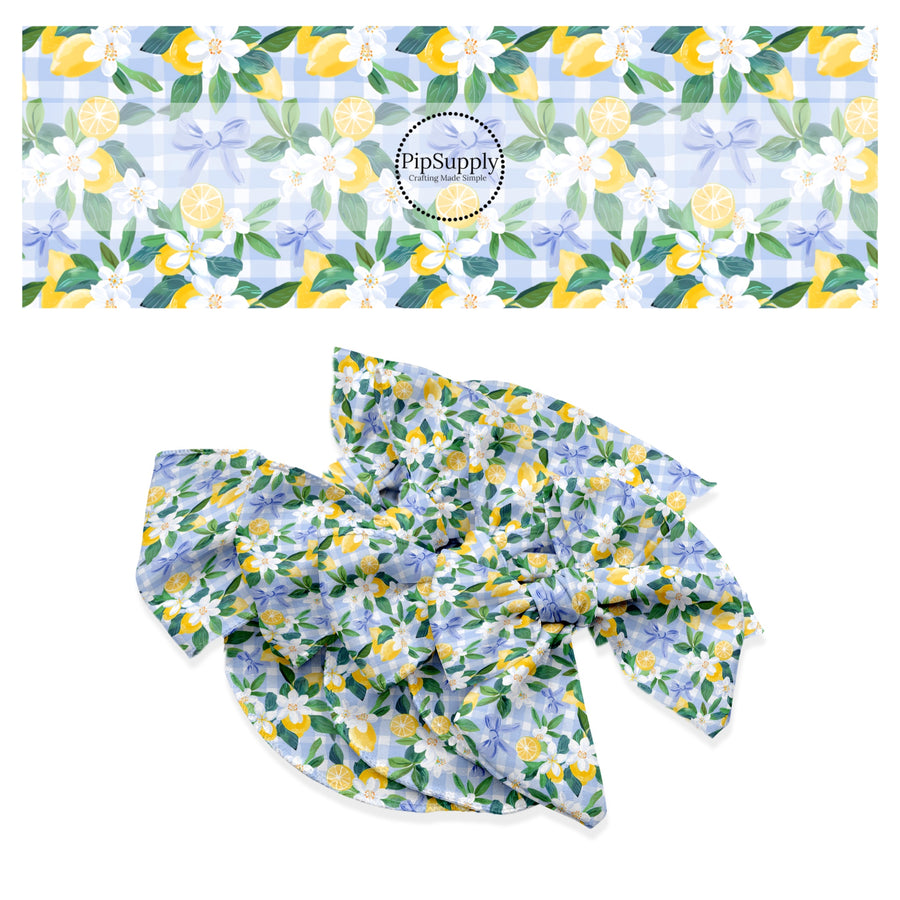 These fruit themed no sew bow strips can be easily tied and attached to a clip for a finished hair bow. These festive bow strips are great for personal use or to sell. These bow strips feature the following design elements: lemons on a blue and white gingham pattern.
