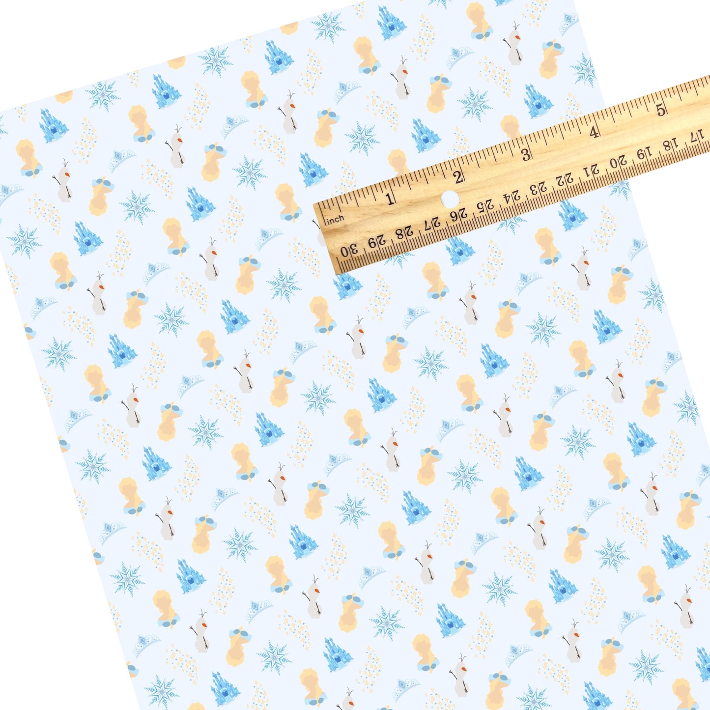 This snowflake and ice inspired faux leather sheets contain the following design: princess and snowman surrounded by castle and snowflakes on light blue. Our CPSIA compliant faux leather sheets or rolls can be used for all types of crafting projects.