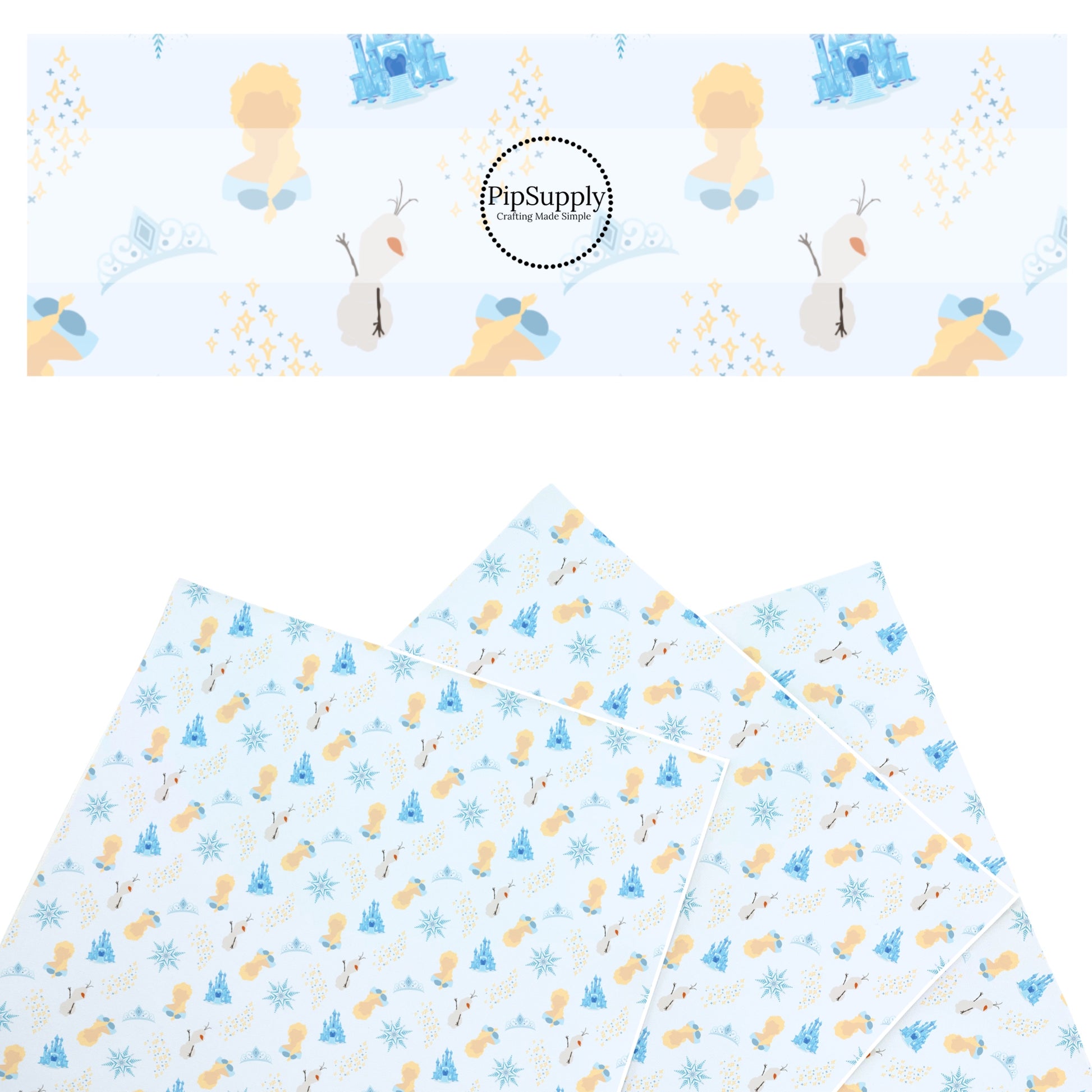 This snowflake and ice inspired faux leather sheets contain the following design: princess and snowman surrounded by castle and snowflakes on light blue. Our CPSIA compliant faux leather sheets or rolls can be used for all types of crafting projects.