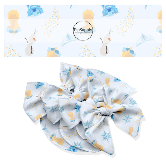 These snowflake and ice inspired themed no sew bow strips can be easily tied and attached to a clip for a finished hair bow. These fun princess themed patterned bow strips are great for personal use or to sell. These bow strips feature the following blonde princess and snowman surrounded by castles and snowflakes on light blue.