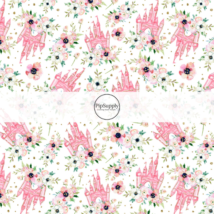 These magical castle themed fabric by the yard features pink castles and flowers. This fun pattern fabric can be used for all your sewing and crafting needs!