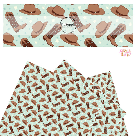 These western themed light blue faux leather sheets contain the following design elements: light blue and brown cowgirl hats and cowgirl boots along with tiny cream and blue stars.