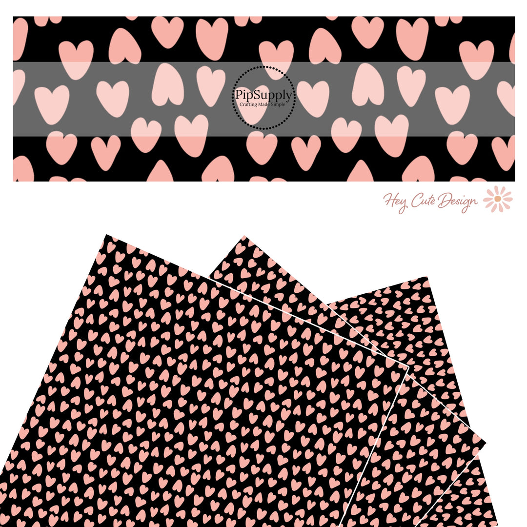 These heart and spot themed black faux leather sheets contain the following design elements: leopard pattern with hearts and spots in pink on black. Our CPSIA compliant faux leather sheets or rolls can be used for all types of crafting projects.