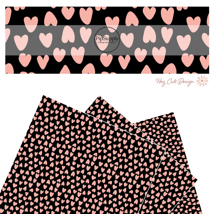 These heart and spot themed black faux leather sheets contain the following design elements: leopard pattern with hearts and spots in pink on black. Our CPSIA compliant faux leather sheets or rolls can be used for all types of crafting projects.