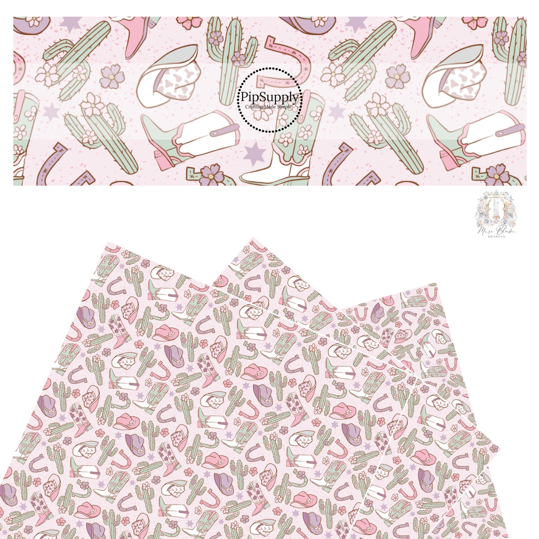 Light pink and purple cowgirl boots and cowgirl hats with cactus, flowers, stars, and horseshoes on pink faux leather sheet.