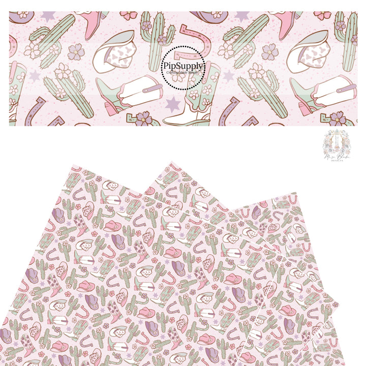 Light pink and purple cowgirl boots and cowgirl hats with cactus, flowers, stars, and horseshoes on pink faux leather sheet.