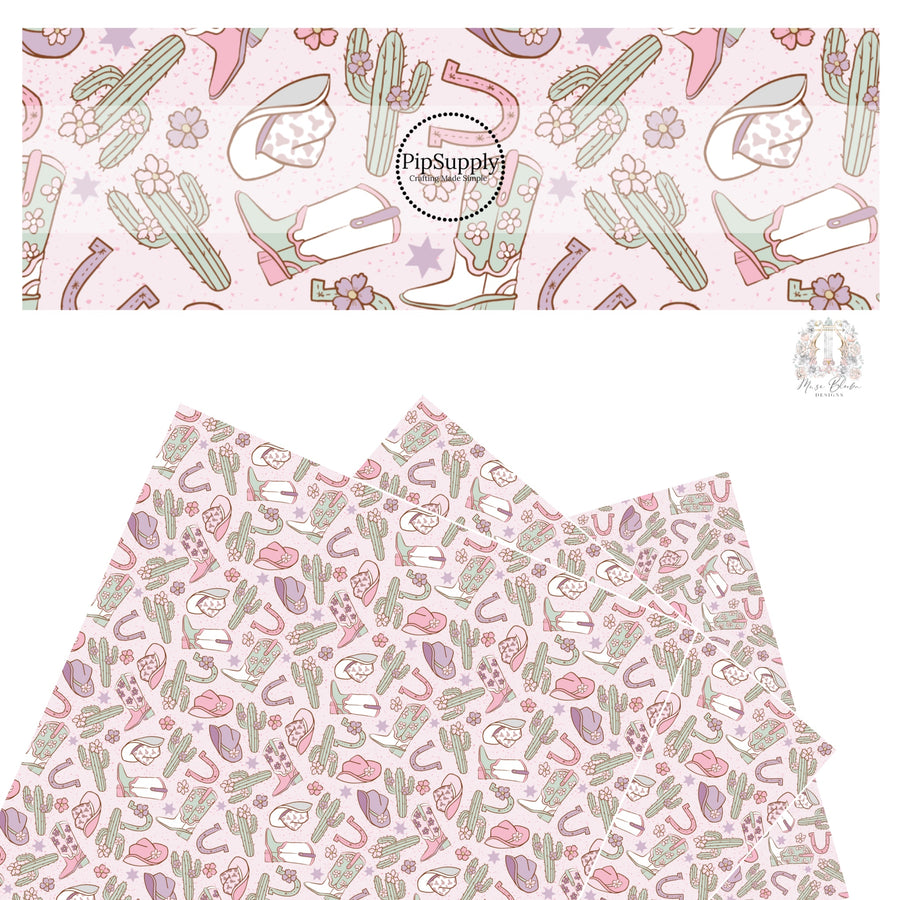 Light pink and purple cowgirl boots and cowgirl hats with cactus, flowers, stars, and horseshoes on pink faux leather sheet.