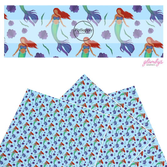 This ocean inspired faux leather sheets contain the following design: red headed mermaid and sea shells on light blue. Our CPSIA compliant faux leather sheets or rolls can be used for all types of crafting projects.