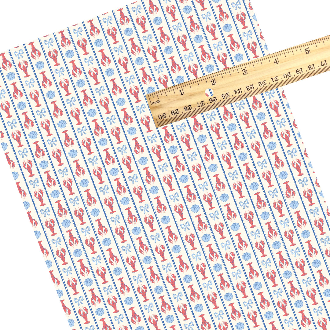 These beach themed faux leather sheets contain the following design elements: lobster and shells between stripes. Our CPSIA compliant faux leather sheets or rolls can be used for all types of crafting projects.