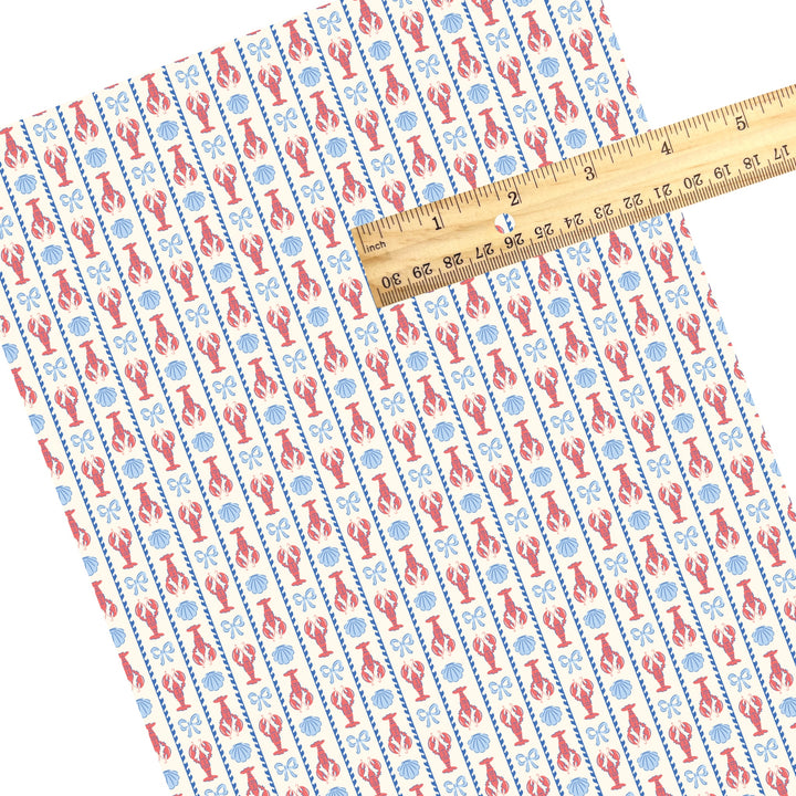 These beach themed faux leather sheets contain the following design elements: lobster and shells between stripes. Our CPSIA compliant faux leather sheets or rolls can be used for all types of crafting projects.
