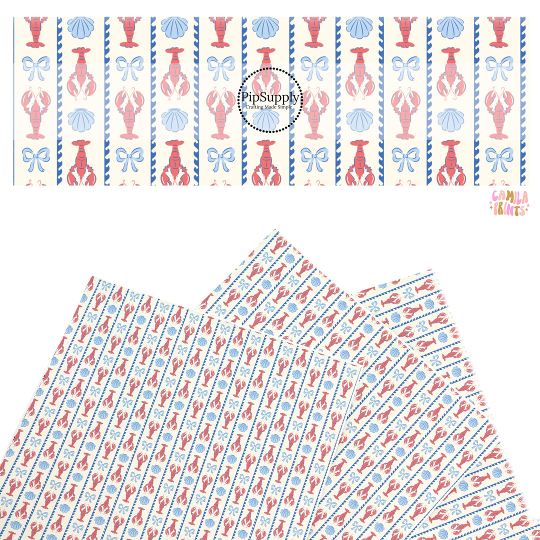 These beach themed faux leather sheets contain the following design elements: lobster and shells between stripes. Our CPSIA compliant faux leather sheets or rolls can be used for all types of crafting projects.