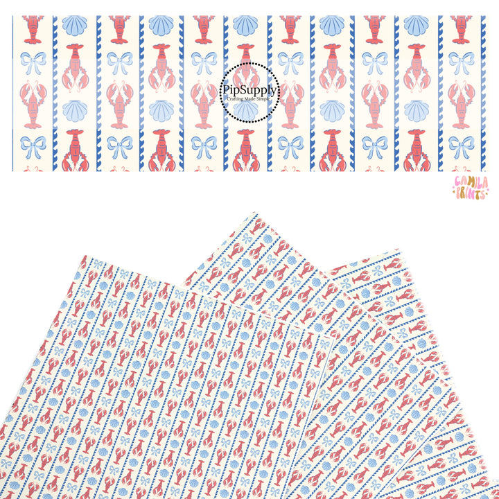 These beach themed faux leather sheets contain the following design elements: lobster and shells between stripes. Our CPSIA compliant faux leather sheets or rolls can be used for all types of crafting projects.