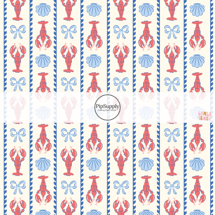 These beach themed fabric by the yard features lobster and shells between stripes. This fun pattern fabric can be used for all your sewing and crafting needs!