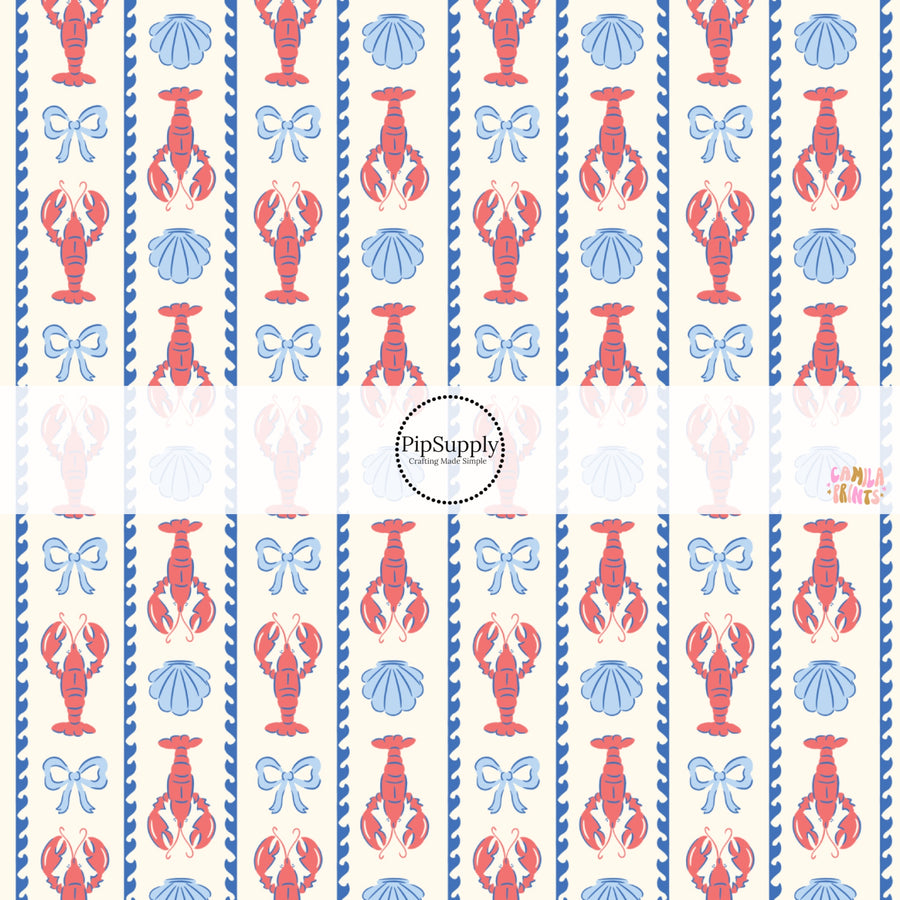 These beach themed fabric by the yard features lobster and shells between stripes. This fun pattern fabric can be used for all your sewing and crafting needs!