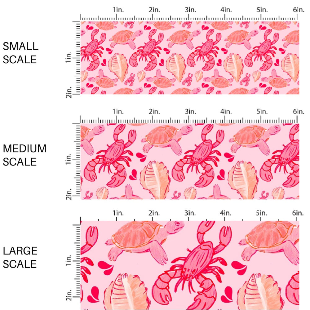 These ocean themed fabric by the yard features lobsters and turtles on pink. This fun pattern fabric can be used for all your sewing and crafting needs!