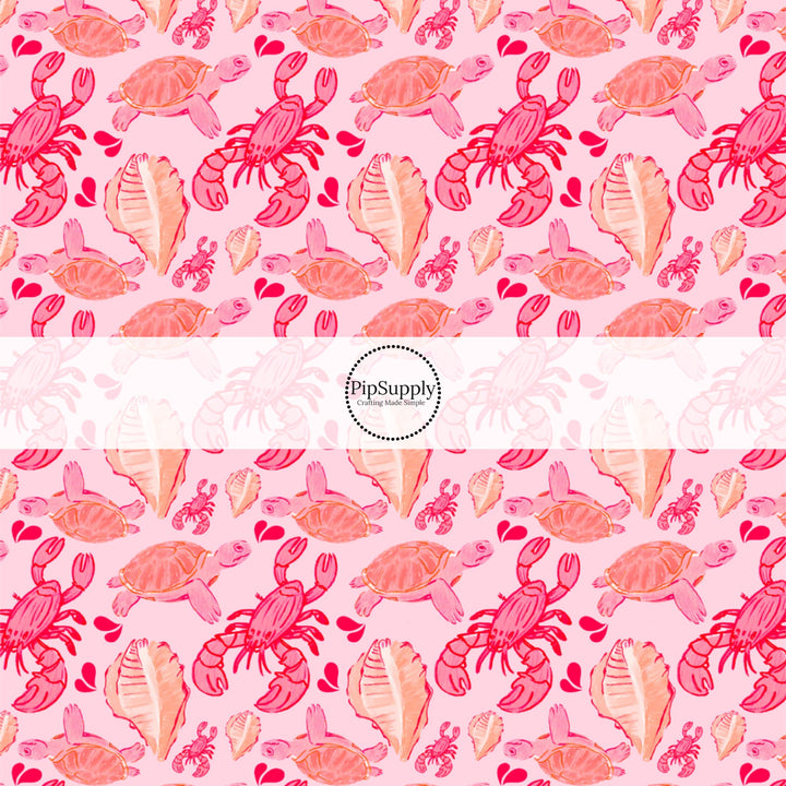 These ocean themed fabric by the yard features lobsters and turtles on pink. This fun pattern fabric can be used for all your sewing and crafting needs!