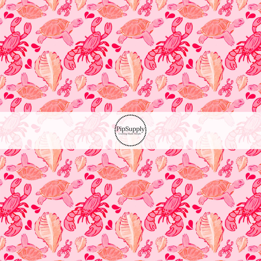 These ocean themed fabric by the yard features lobsters and turtles on pink. This fun pattern fabric can be used for all your sewing and crafting needs!