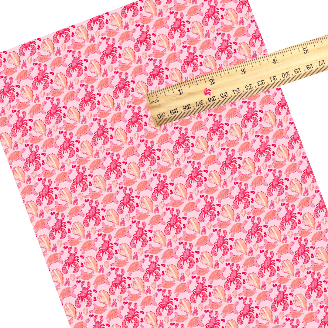 These ocean themed faux leather sheets contain the following design elements: lobsters and turtles on pink. Our CPSIA compliant faux leather sheets or rolls can be used for all types of crafting projects.