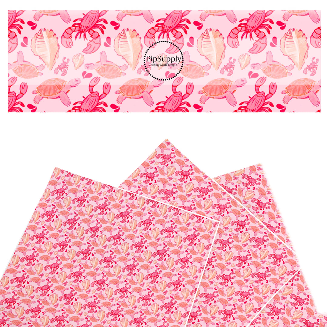 These ocean themed faux leather sheets contain the following design elements: lobsters and turtles on pink. Our CPSIA compliant faux leather sheets or rolls can be used for all types of crafting projects.