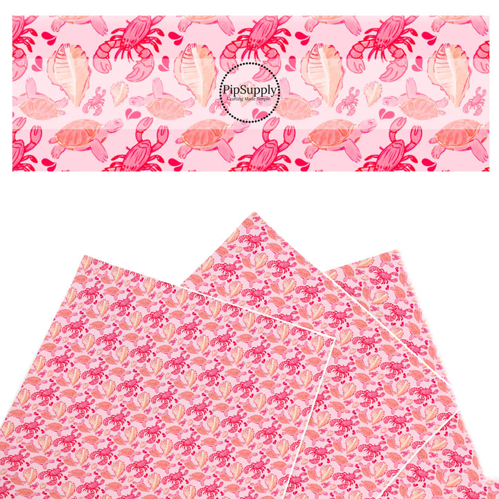 These ocean themed faux leather sheets contain the following design elements: lobsters and turtles on pink. Our CPSIA compliant faux leather sheets or rolls can be used for all types of crafting projects.