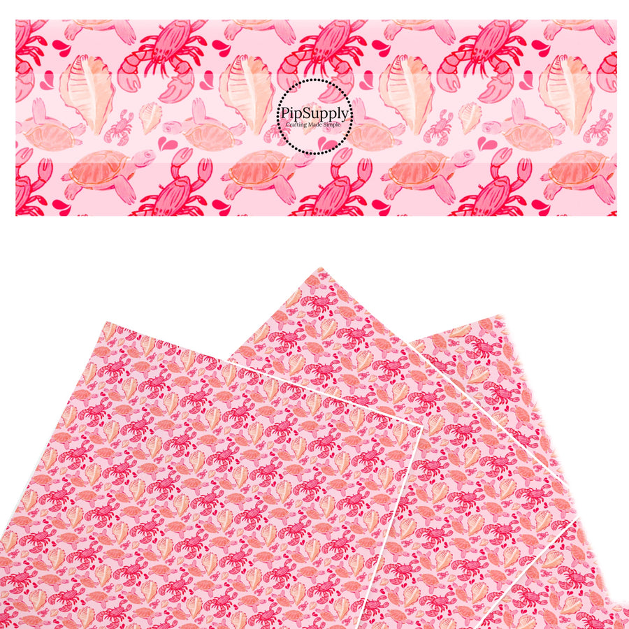 These ocean themed faux leather sheets contain the following design elements: lobsters and turtles on pink. Our CPSIA compliant faux leather sheets or rolls can be used for all types of crafting projects.