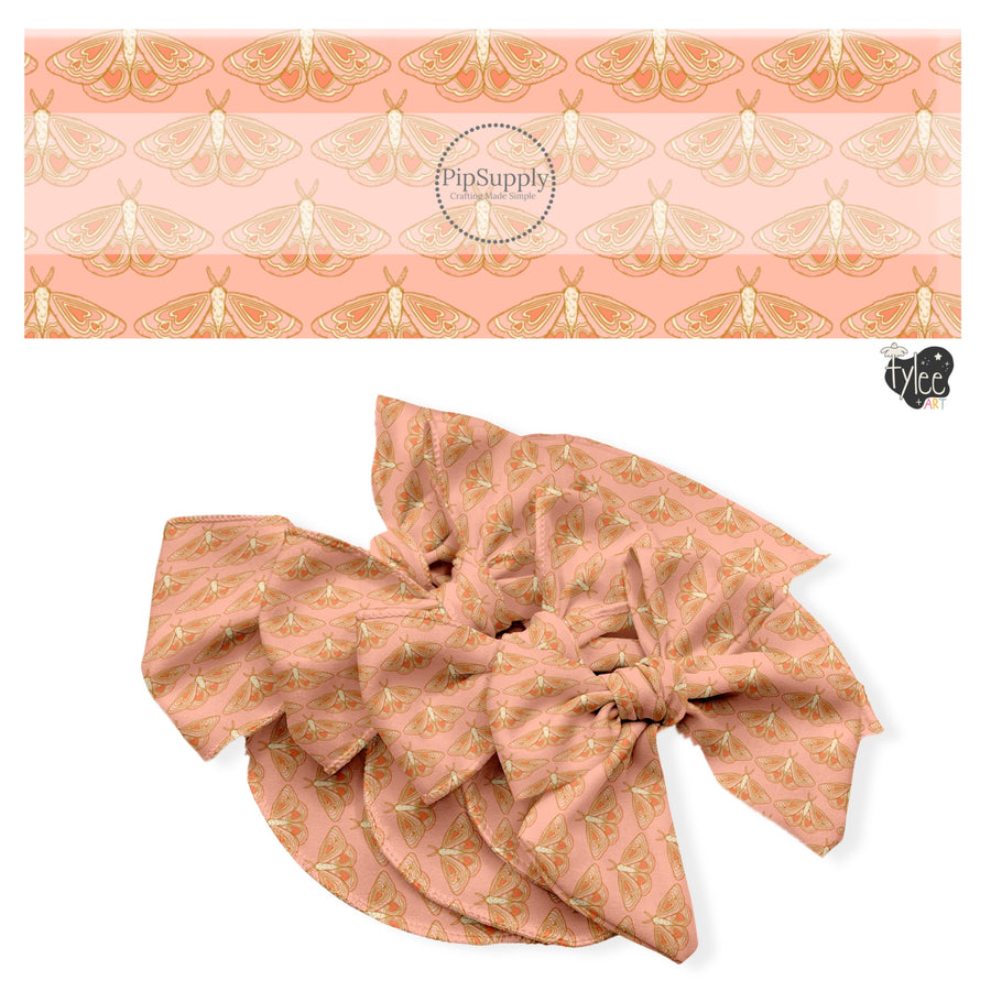 These holiday no sew bow strips can be easily tied and attached to a clip for a finished hair bow. These festive bow strips are great for personal use or to sell. These bow strips feature the following design elements: moths on pink.